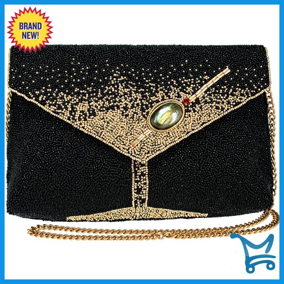 Beaded Crossbody Clutch with Removable Chain Strap Martini Glass Motif